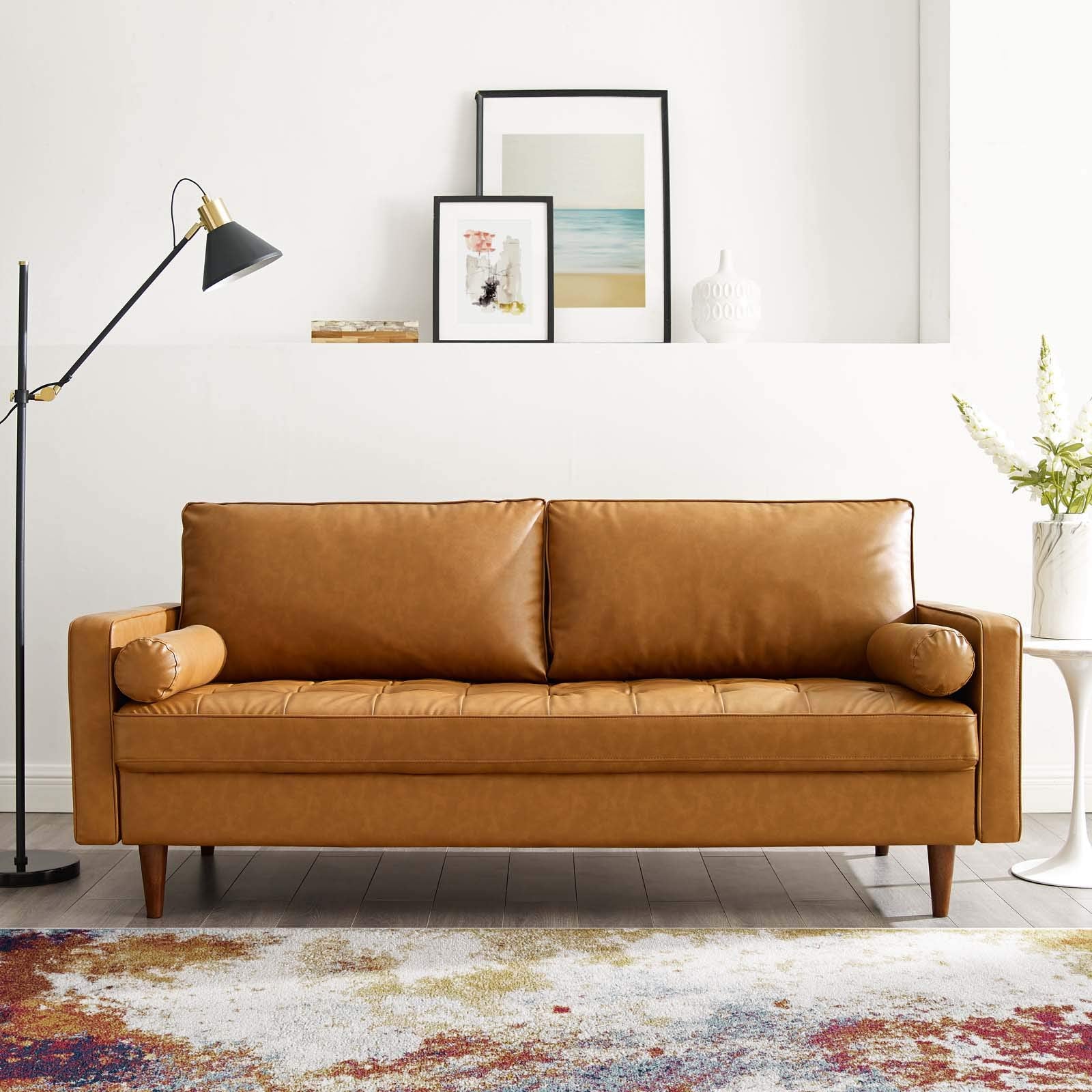 Modway Eei-3765-Tan Valour Upholstered Faux Leather Sofa, Tan